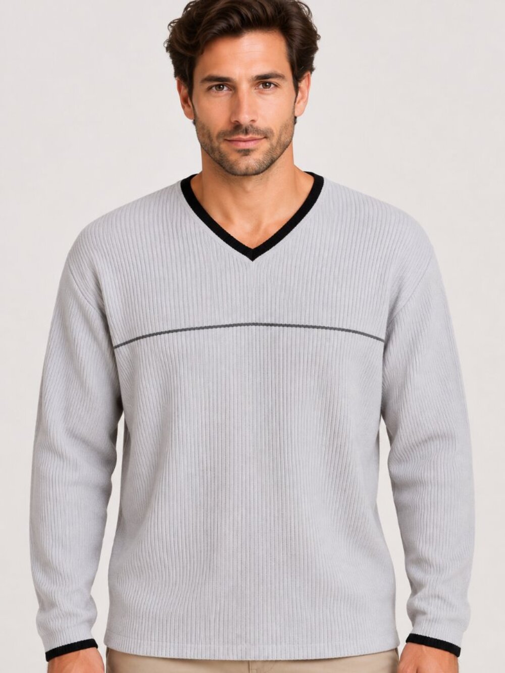 Sleek Cubavera Soft Rib Knit Pullover Sweater V Neck Lt. Gray Black Trim Large